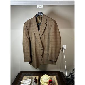 Haband Executive Division Brown Glen Plaid Sport Coat Blazer 100% Poly 48L EUC
